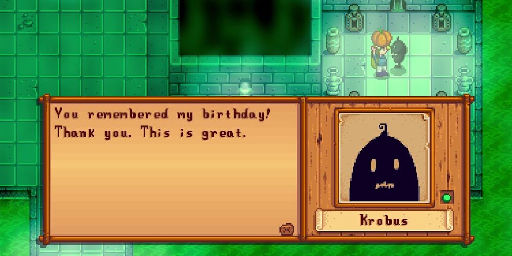 Giving Krobus a birthday gift in the Sewers in Stardew Valley.