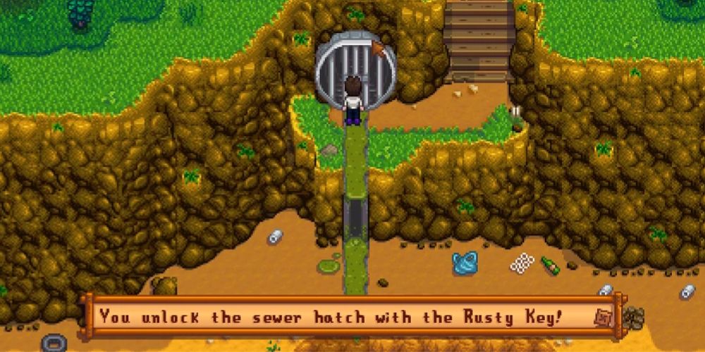 Using the Rusty Key to enter the Sewers in Stardew Valley.