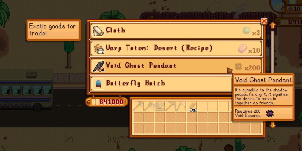 Buying the Void Ghost Pendant for Krobus for the Desert Trader at Calico Desert in Stardew Valley.