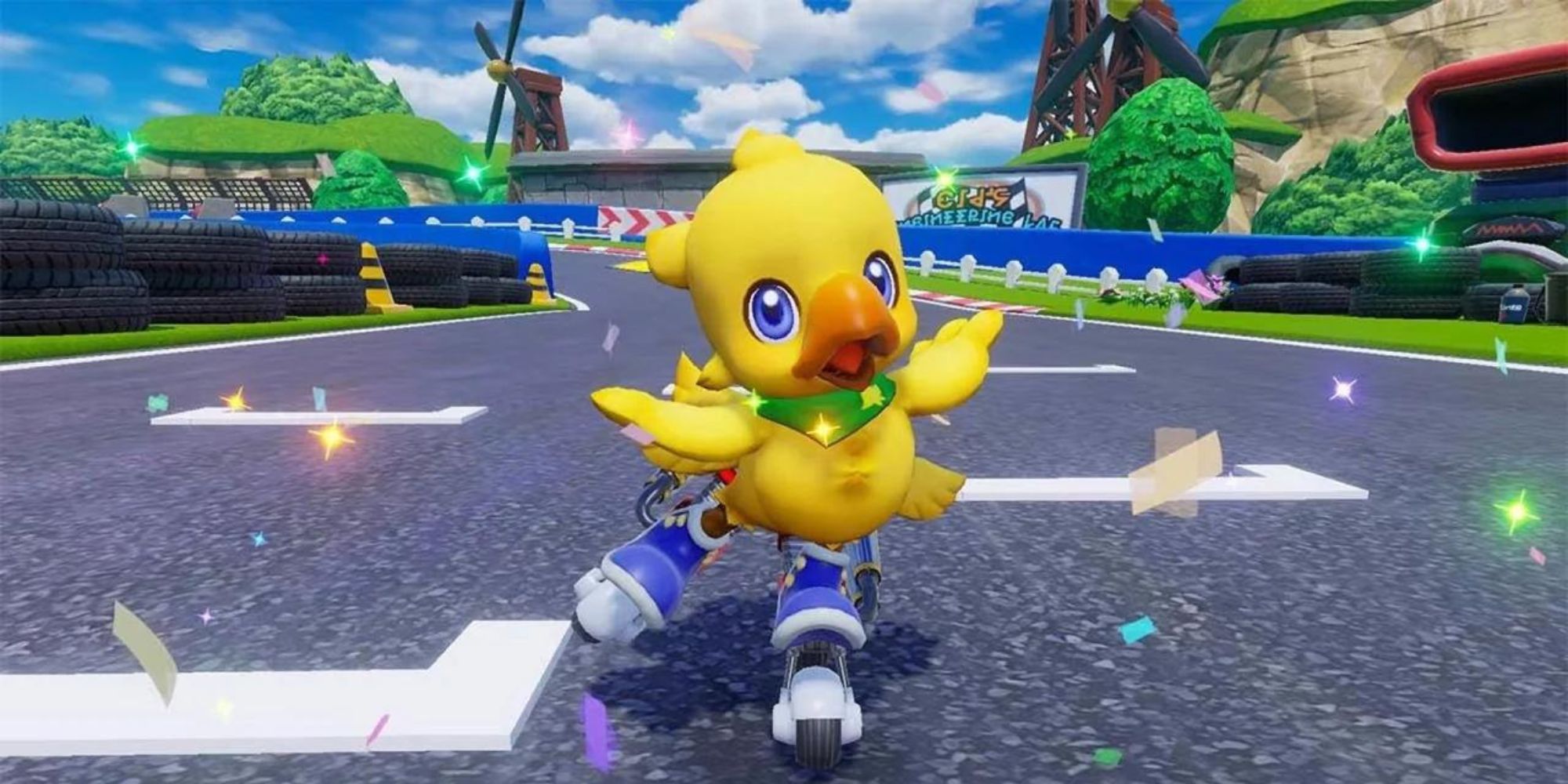 Chocobo crossing the finish line in Chocobo GP