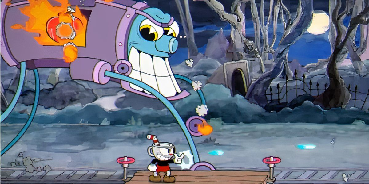 Cuphead battles grimacing vehicle-like boss