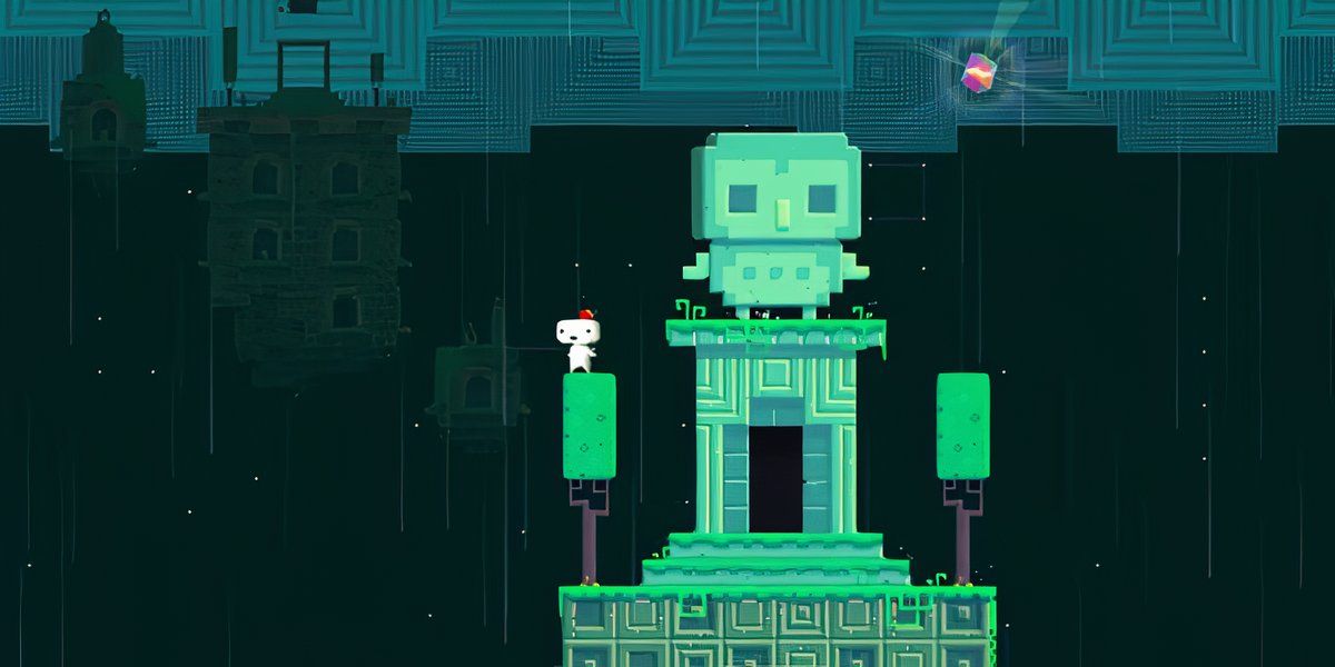 Fez character stands before large green statue