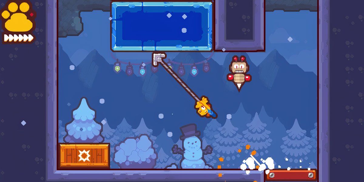 Grapple Dog protagonist hangs from block against snowy backdrop