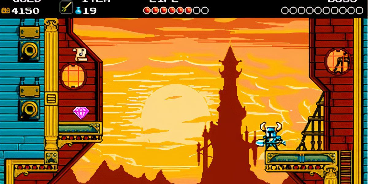 Shovel Knight looking over shadowy castle landscape