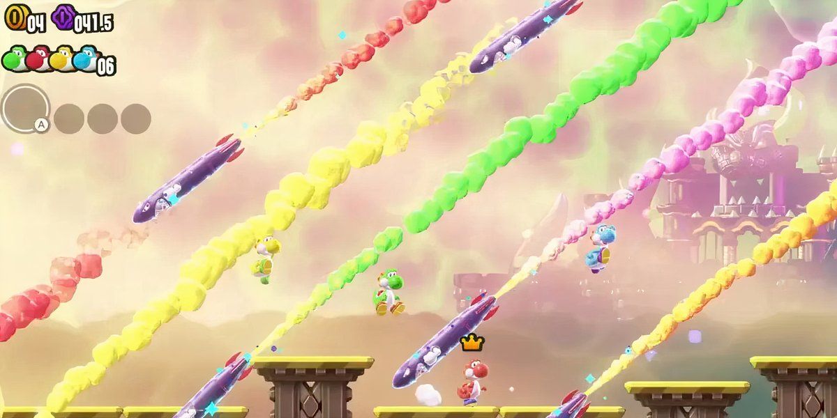 Super Mario Bros. Wonder Yoshis leaping over missiles