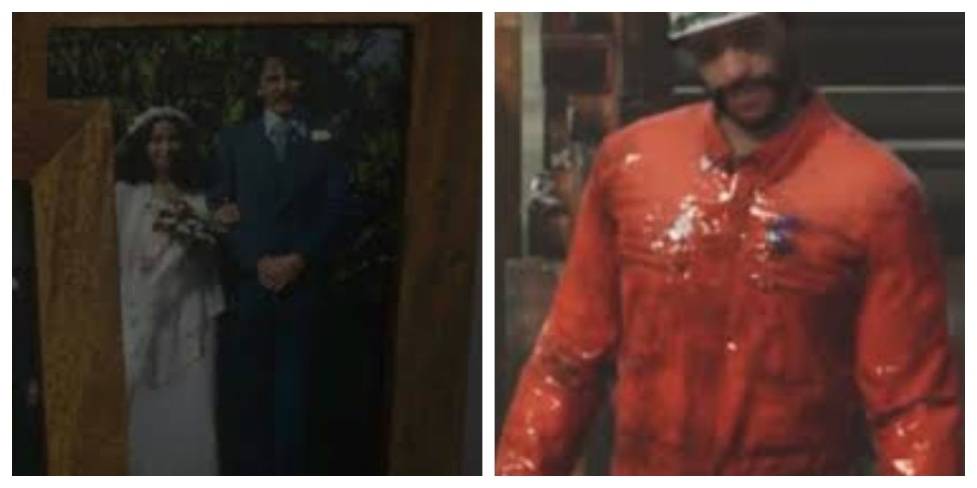 Caz McCleary in his wedding photo and in an in-game screenshot from Still Wakes The Deep