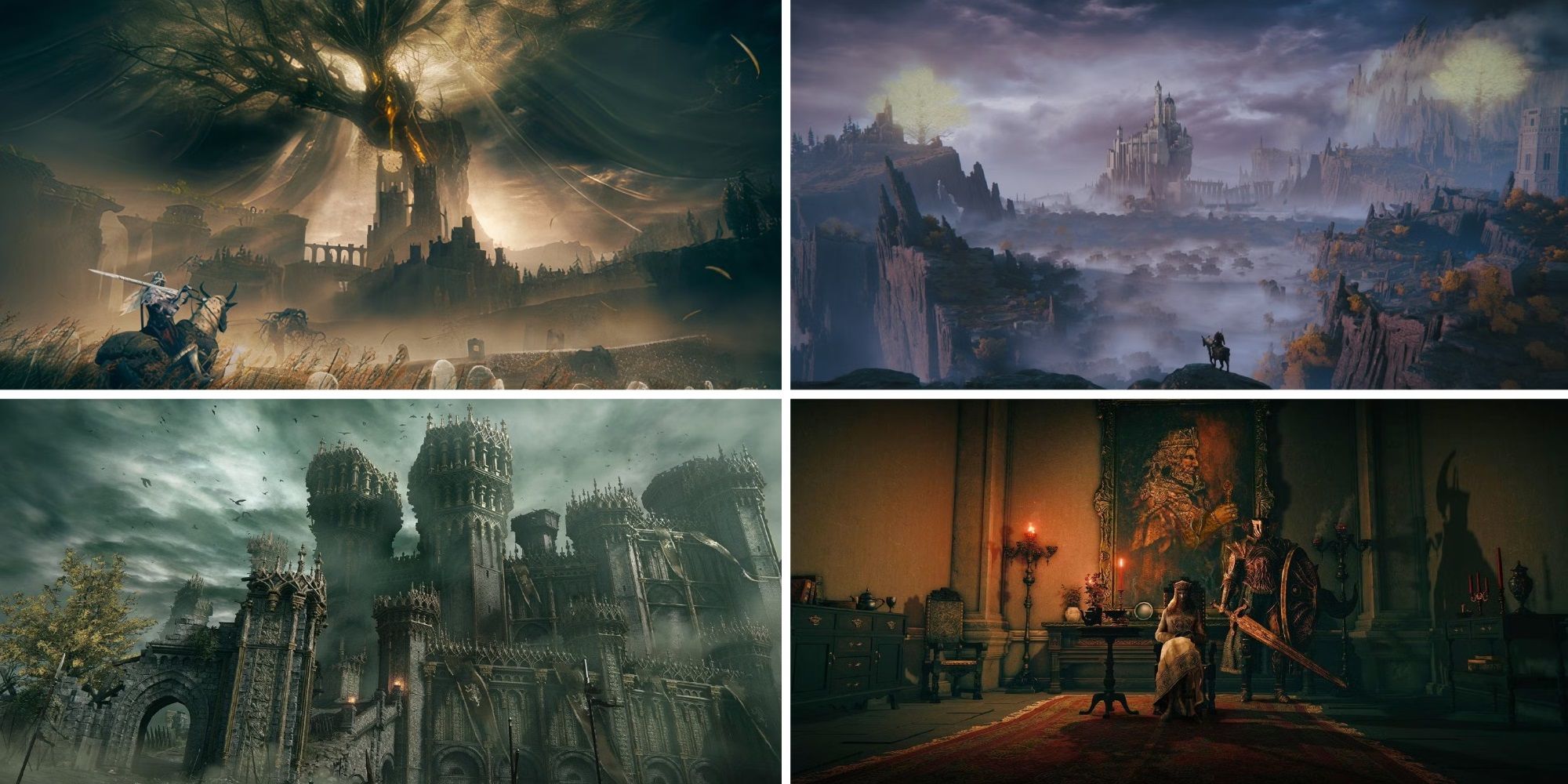 A collage of four Elden Ring's Legacy Dugeons: Shadow Keep, Raya Lucaria Academy, Stormveil Castle, and Volcano Manor