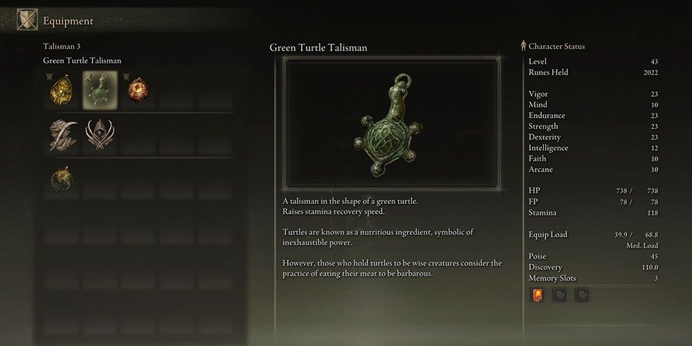 Elden Ring menu screen showing the Green Turtle Talisman 