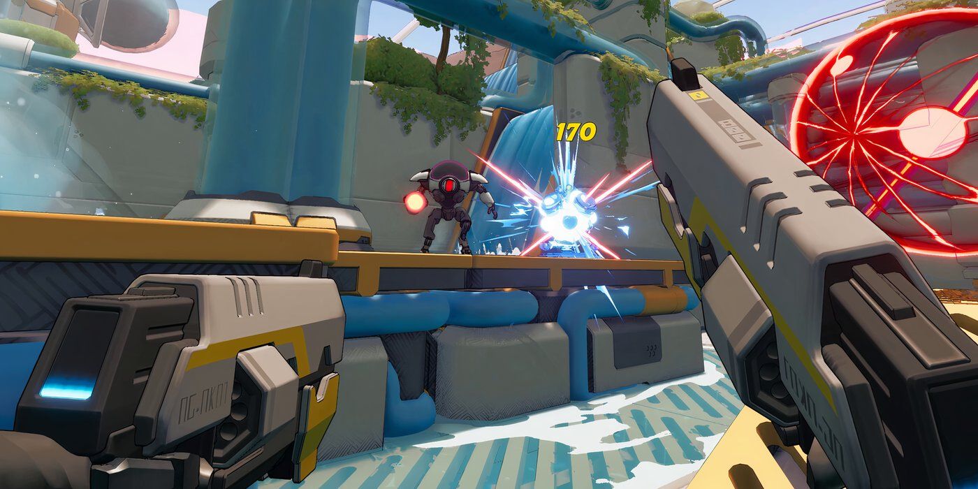 A gameplay image of the player shooting an enemy robot in RobotQuest