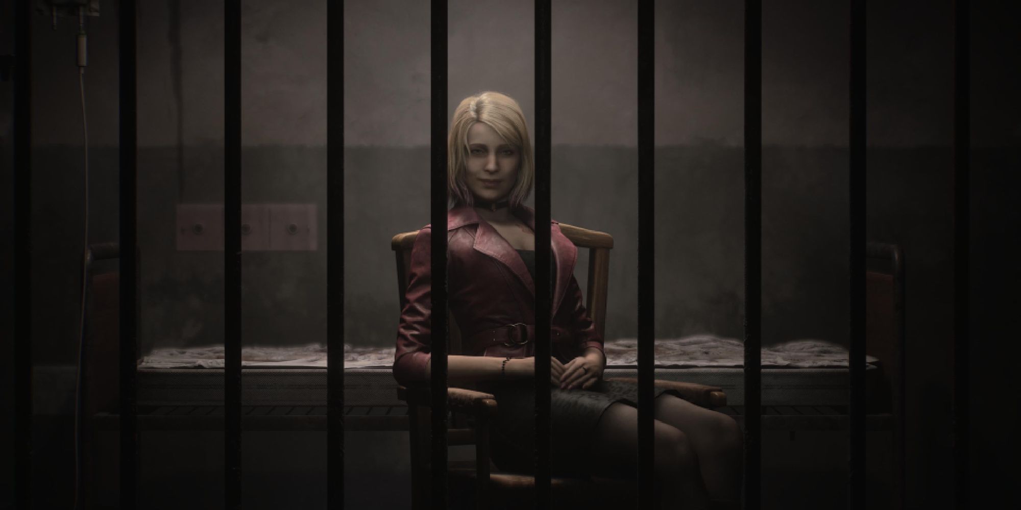 Silent Hill 2 Remake Maria sitting behind bars in a Jail Cell