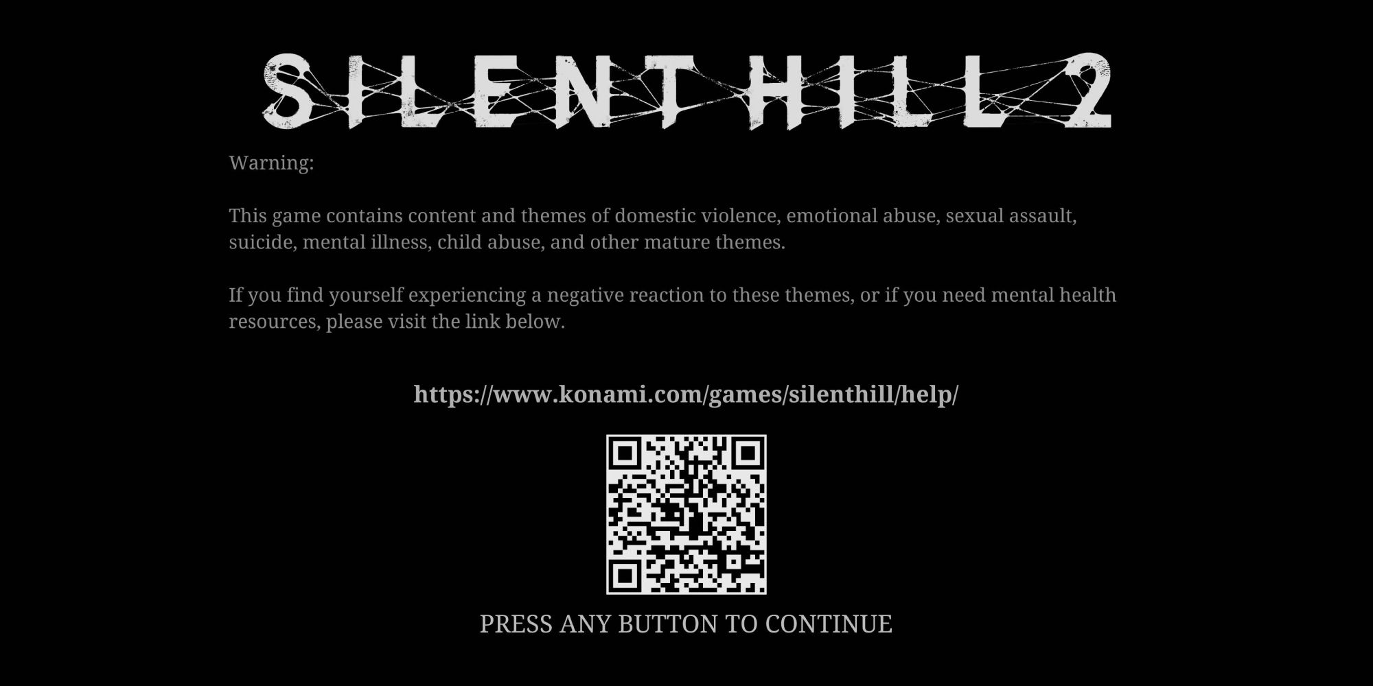 Silent Hill 2 Trigger Warning that displays before the menu