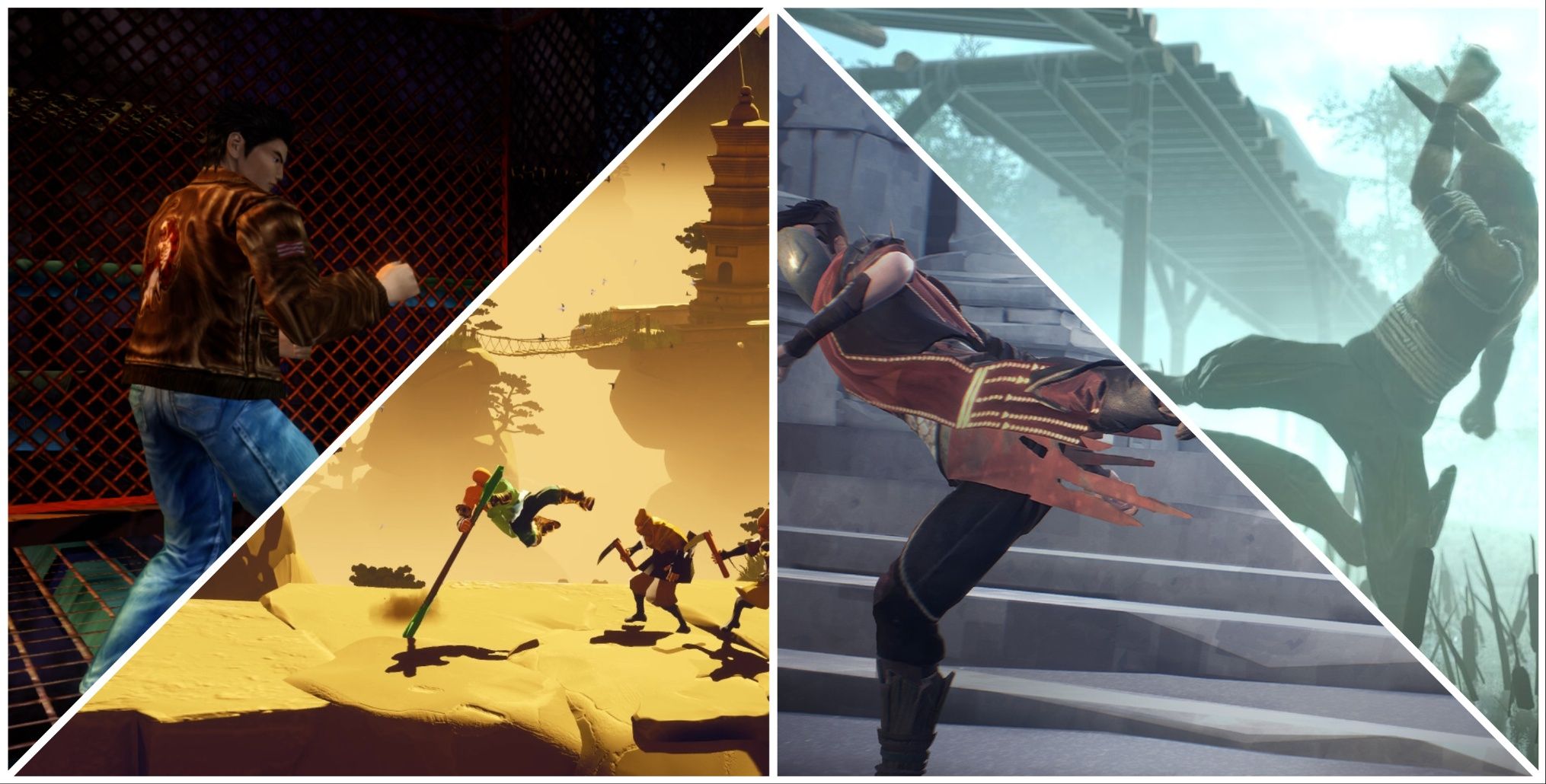 A collage with a selection of the best martial arts games: Shenmue I, 9 Monkeys of Shaolin, Absolver, and Overgrowth