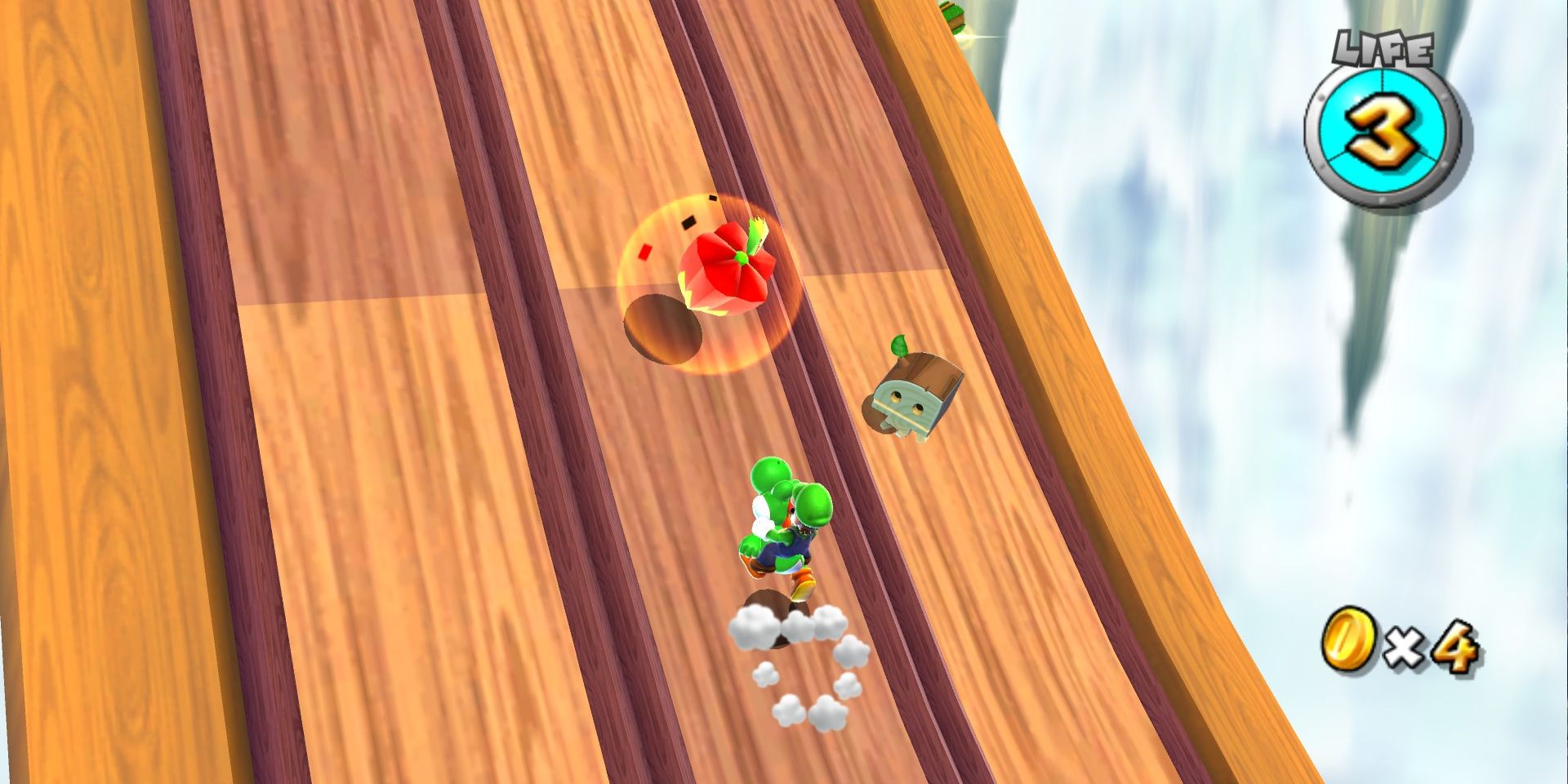 Image of Hightail Falls in Super Mario Galaxy 2, with Luigi riding on Yoshi toward a pepper.