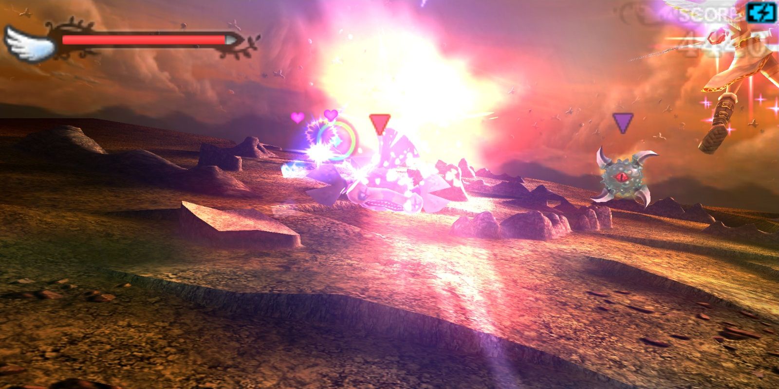 Image of Kid Icarus Uprising's Dark Pit Mission, with Pit flying through a desert valley.