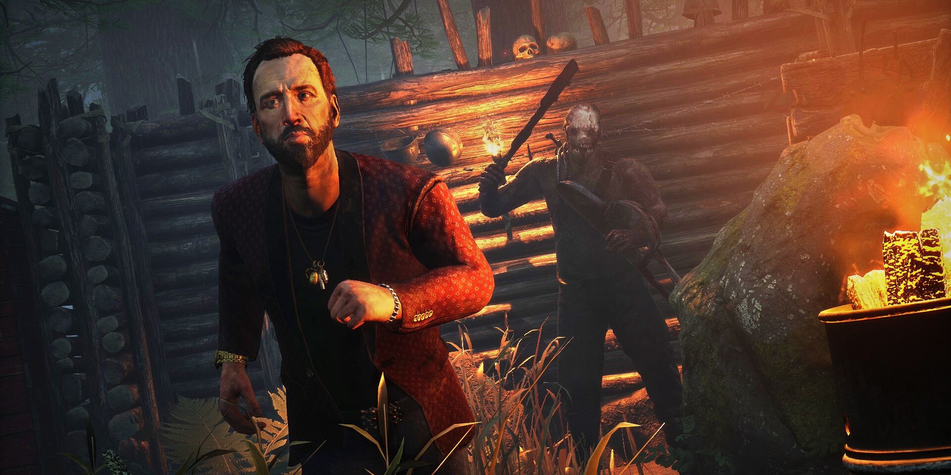 Nicolas Cage runs from the Trapper in Dead by Daylight