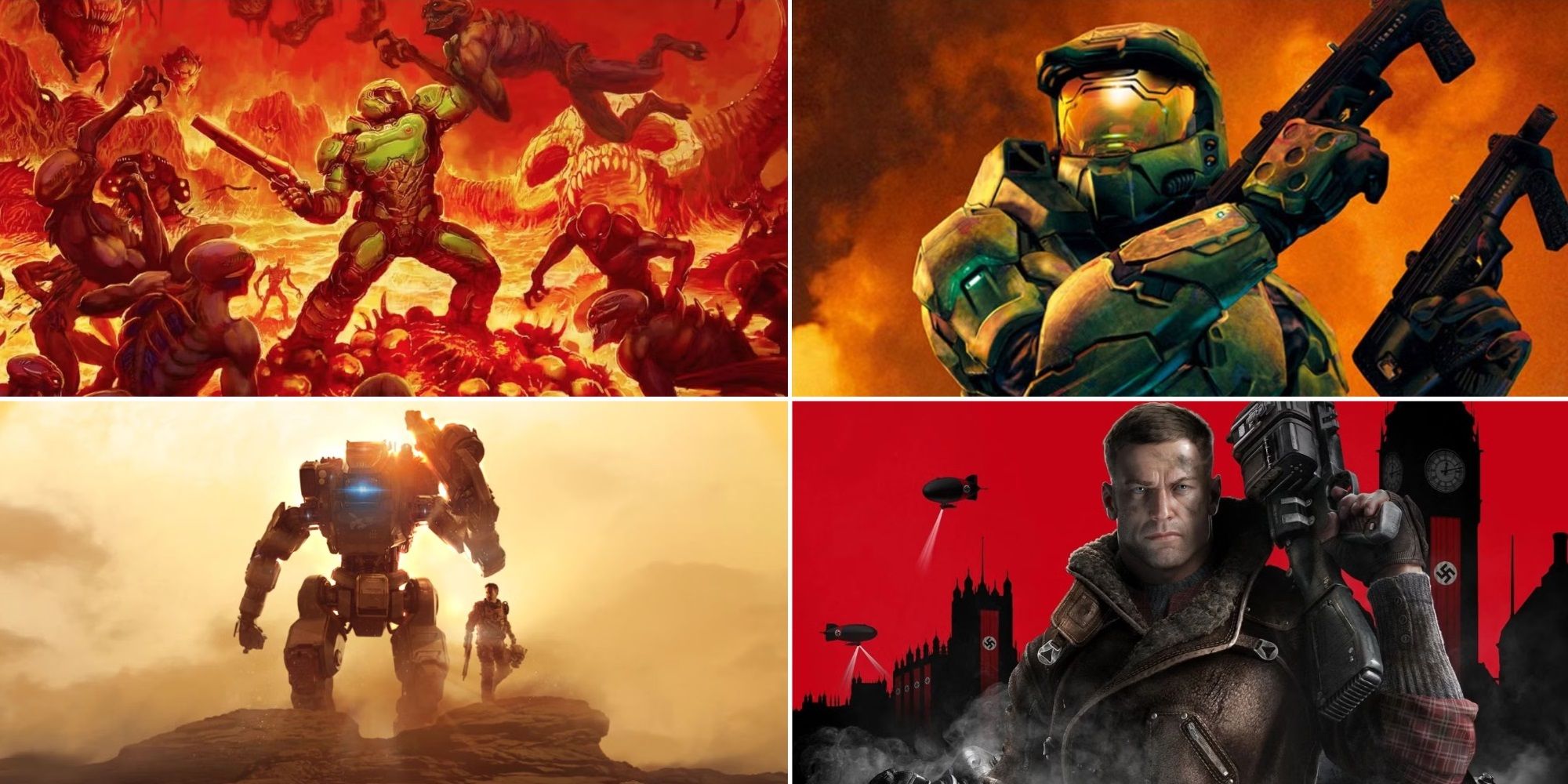 A collage of some of the Best FPS Sequels That Improve On The Original: DOOM Eternal, Halo 2, Titanfall 2, and Wolfenstein II: The New Colossus