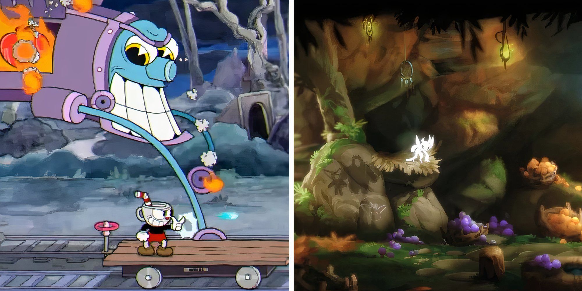 Screenshots of Cuphead and Ori And The Blind Forest.