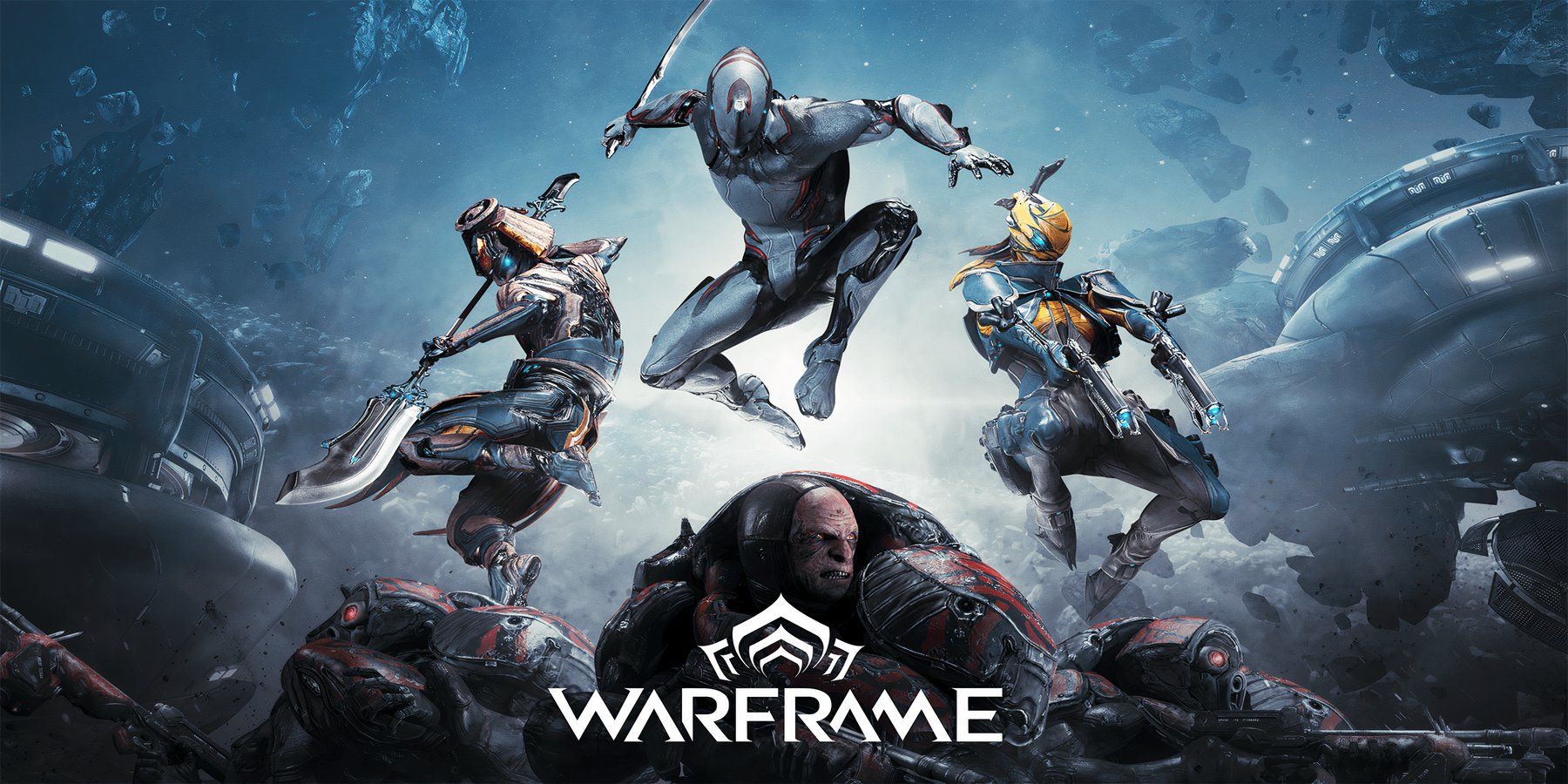 Warframe Official Poster Heroes Jumping Over Enemies