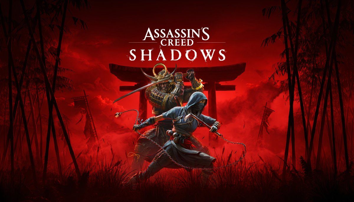 Logo for Assassin's Creed Shadows, showing the two protagonists in the foreground among a red background