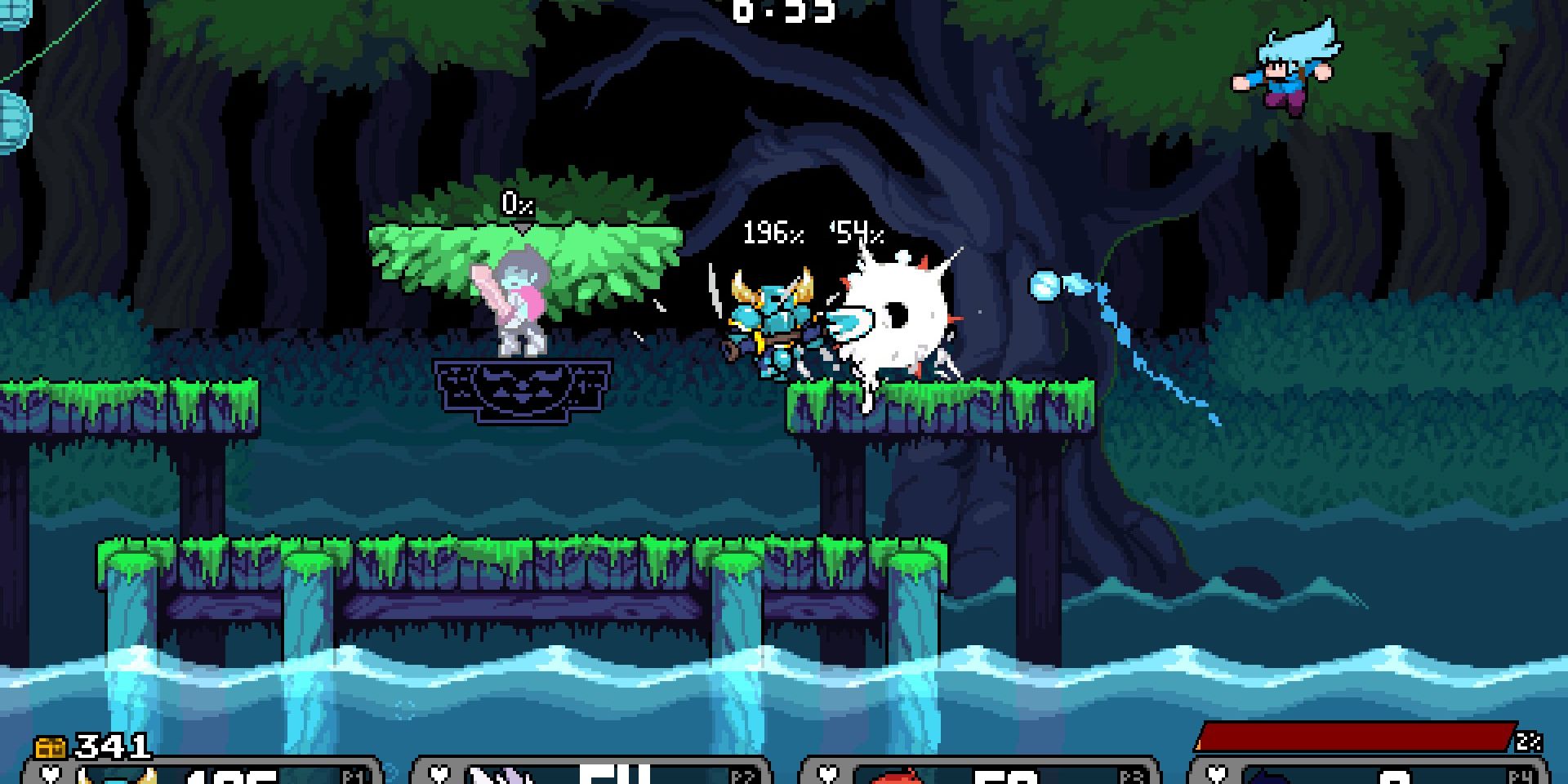 Screenshot of Rivals Of Aether, featuring Shovel Knight, Ori, and Workshop Characters Kris and Madeline.