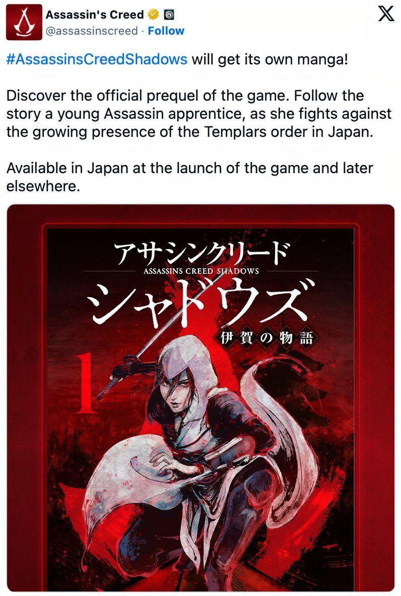 Social Media announcement of the Assassin's Creed Shadows official manga 