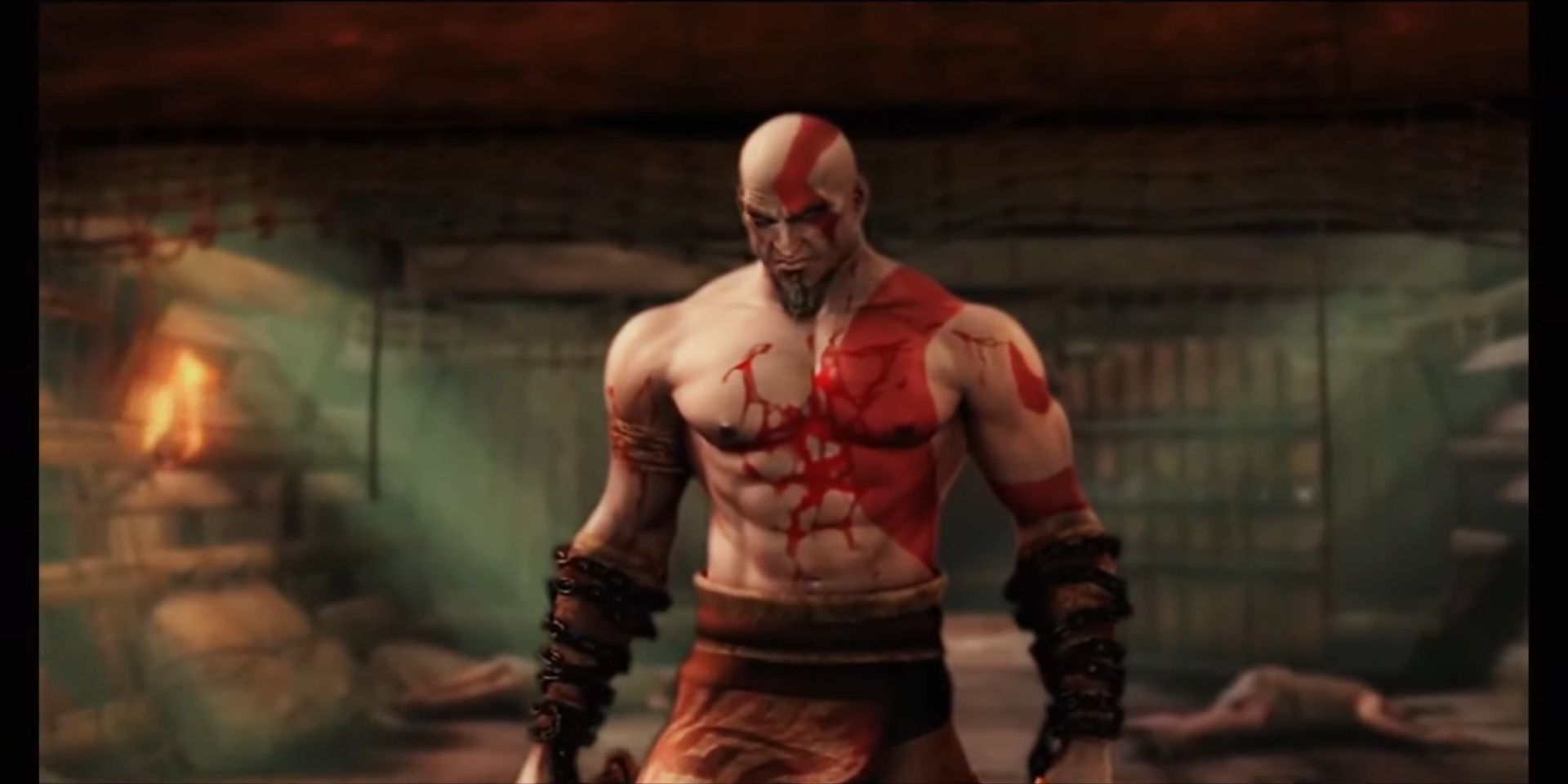 Kratos, covered in blood in God of War (2005)