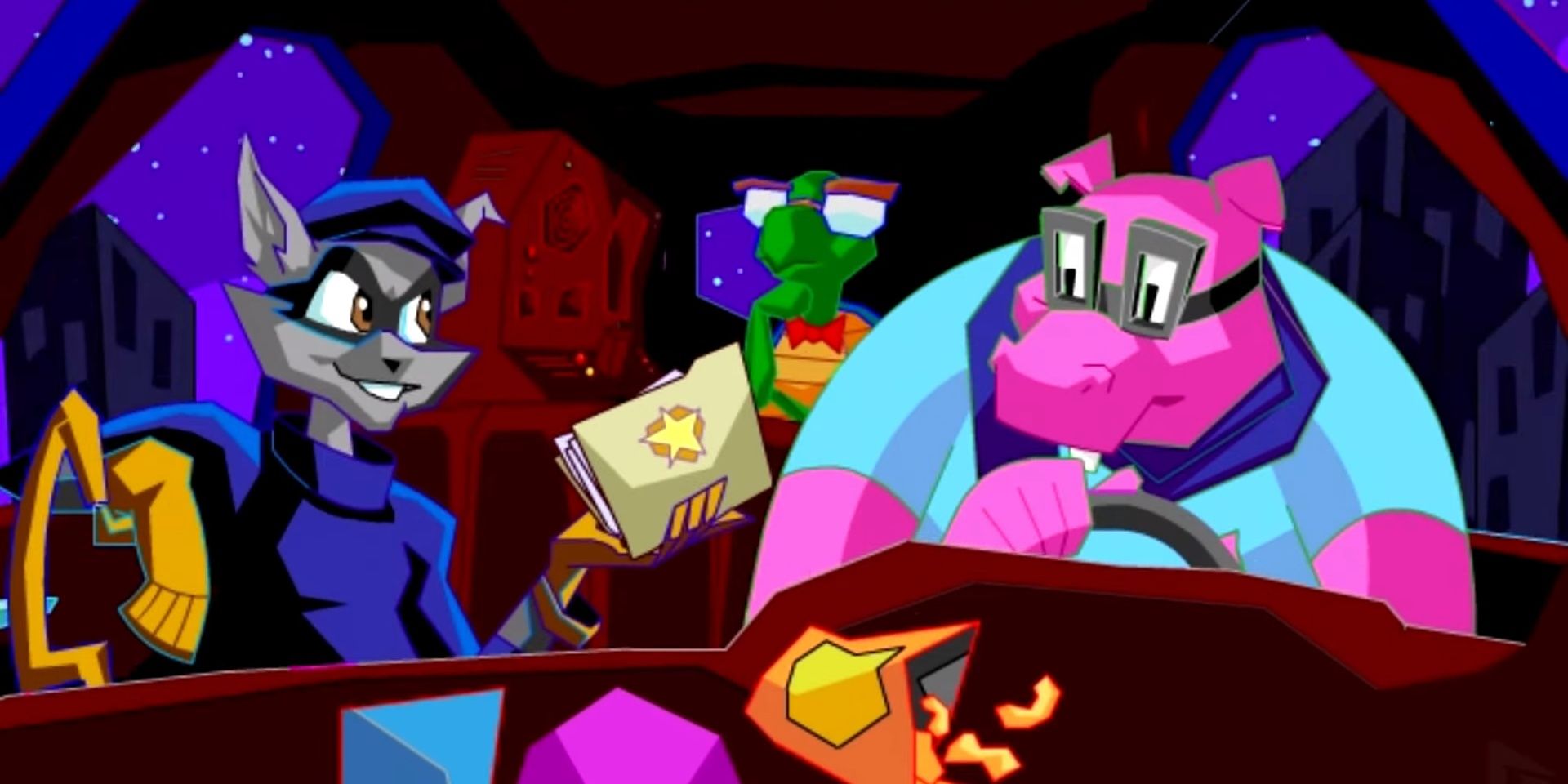 Sly shows a police file to the gang in Sly Cooper and the Thievius Raccoonus