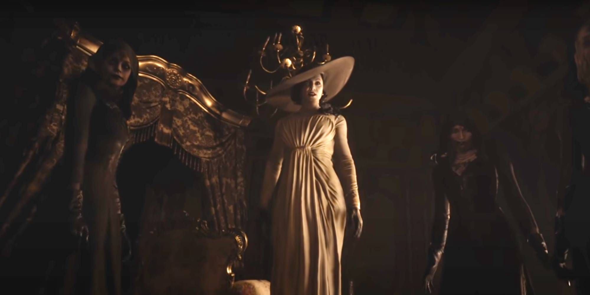 An image of Lady Dimitrescu looking at player character in Resident Evil Village