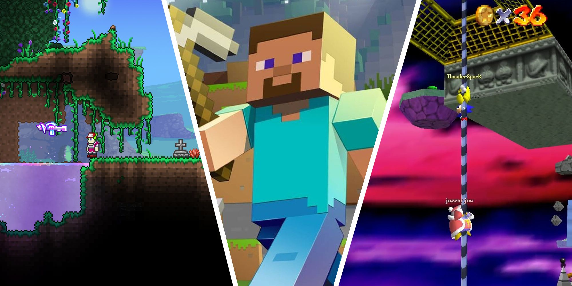 Best Drop In Co-Op Games Thumbnail, featuring Terraria, Minecraft, and Mario 64 Co-op DX.