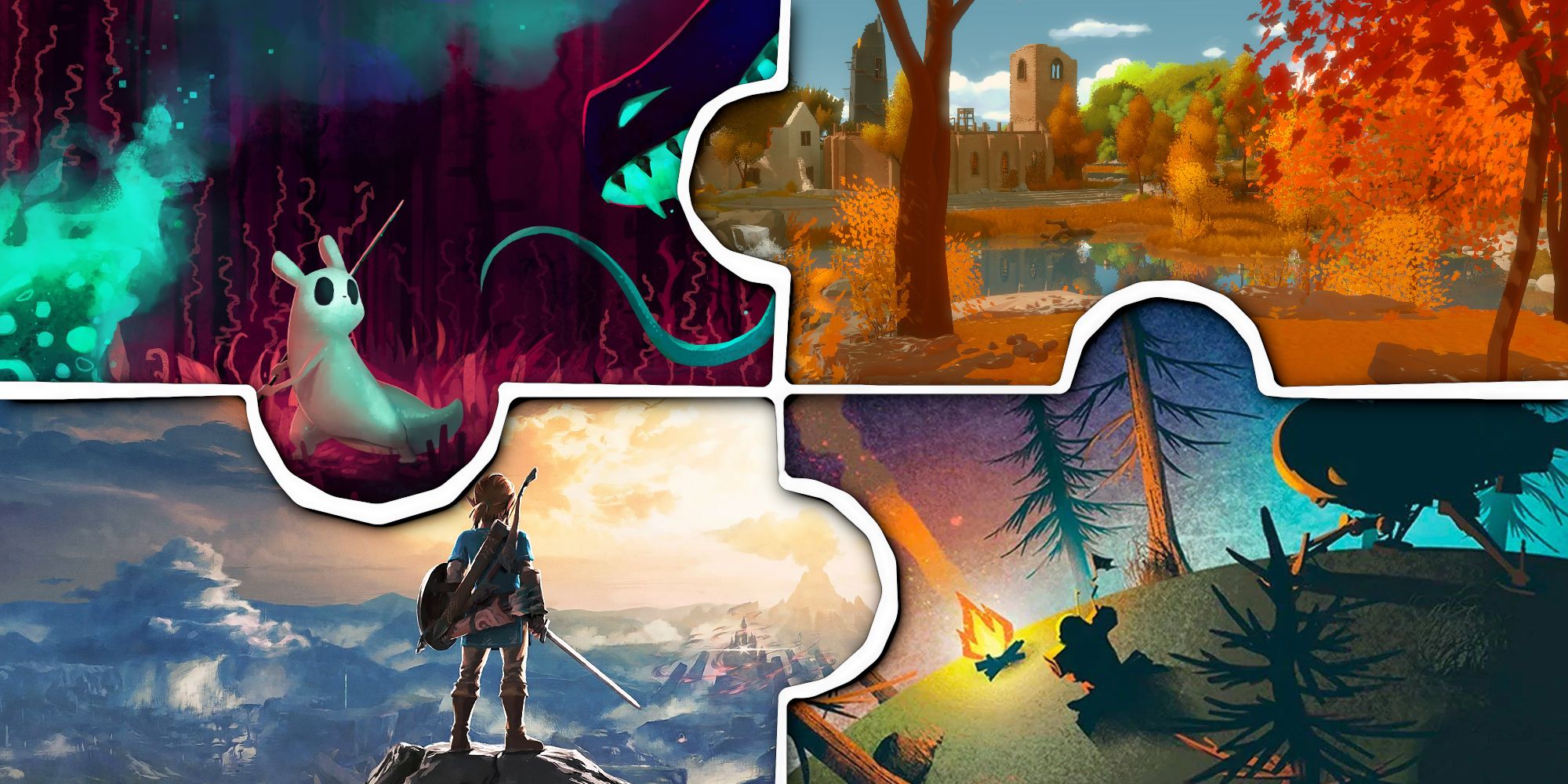 Thumbnail for the Best Open World Puzzle games, with Rain World, Breath of the Wild, Outer Wilds, and The Witness.