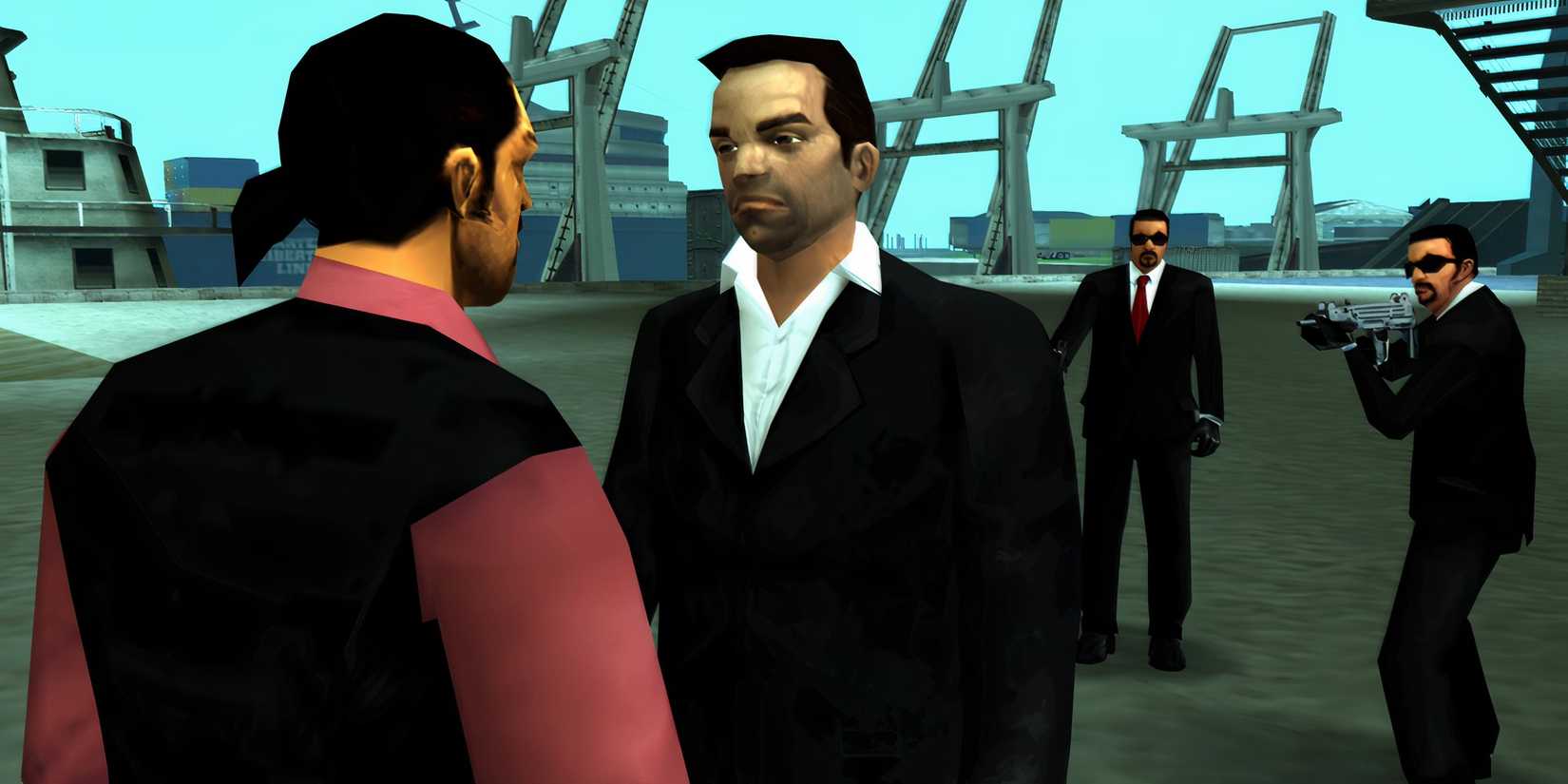 GTA Liberty City Stories Toni Cipriani hablando con alguien y rodeado de armas