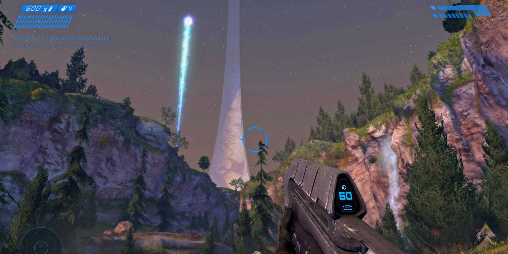 Aiming an assault rifle on the Halo ring Installation
