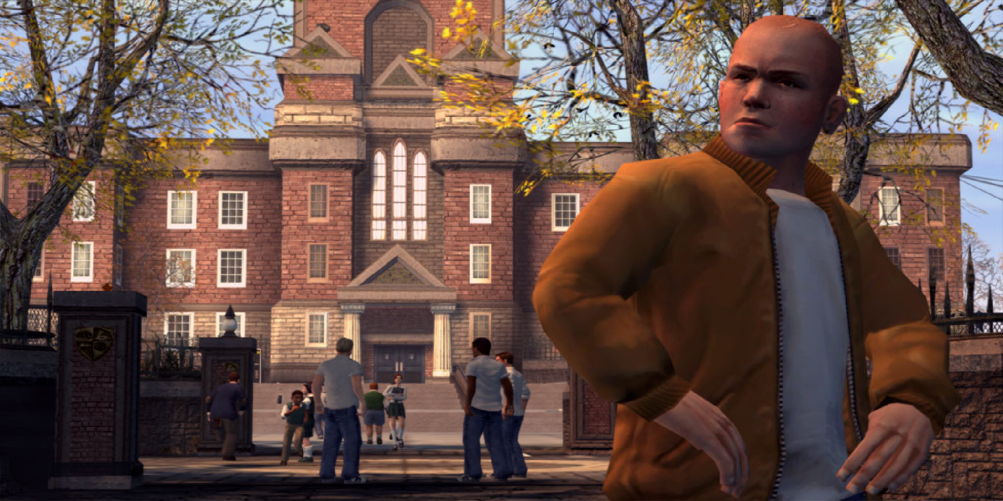 Kids posing outside of prep school in Bully