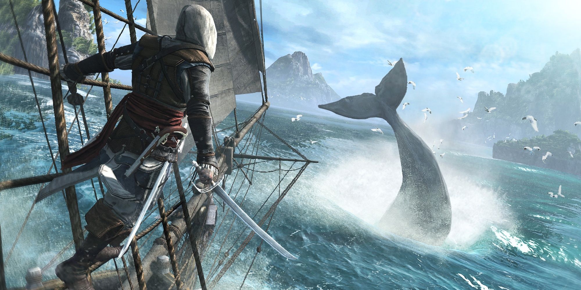 Edward watching a whale from a ship in Assassin's Creed IV: Black Flag
