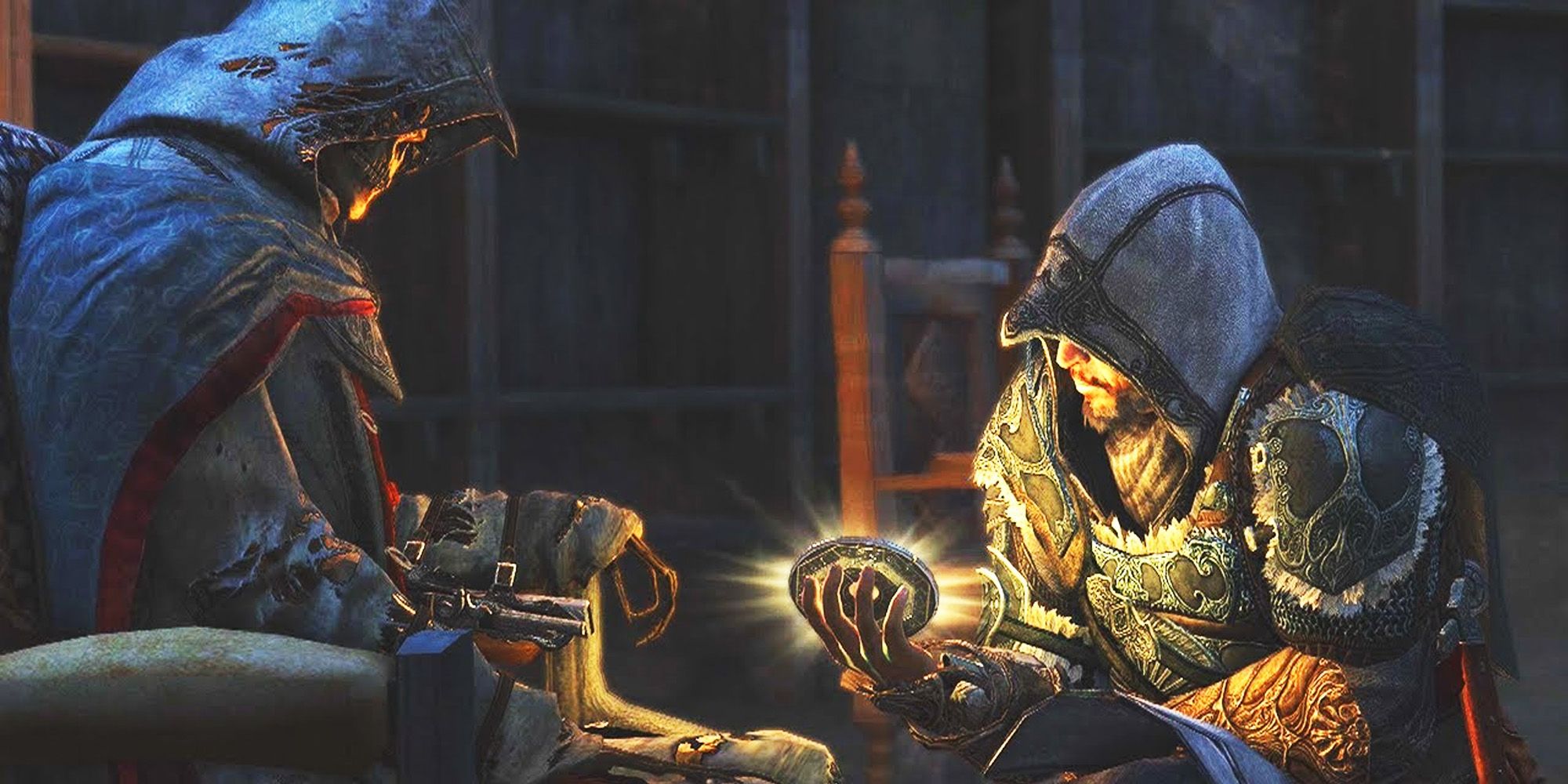 Ezio holding the Apple of Eden in the library