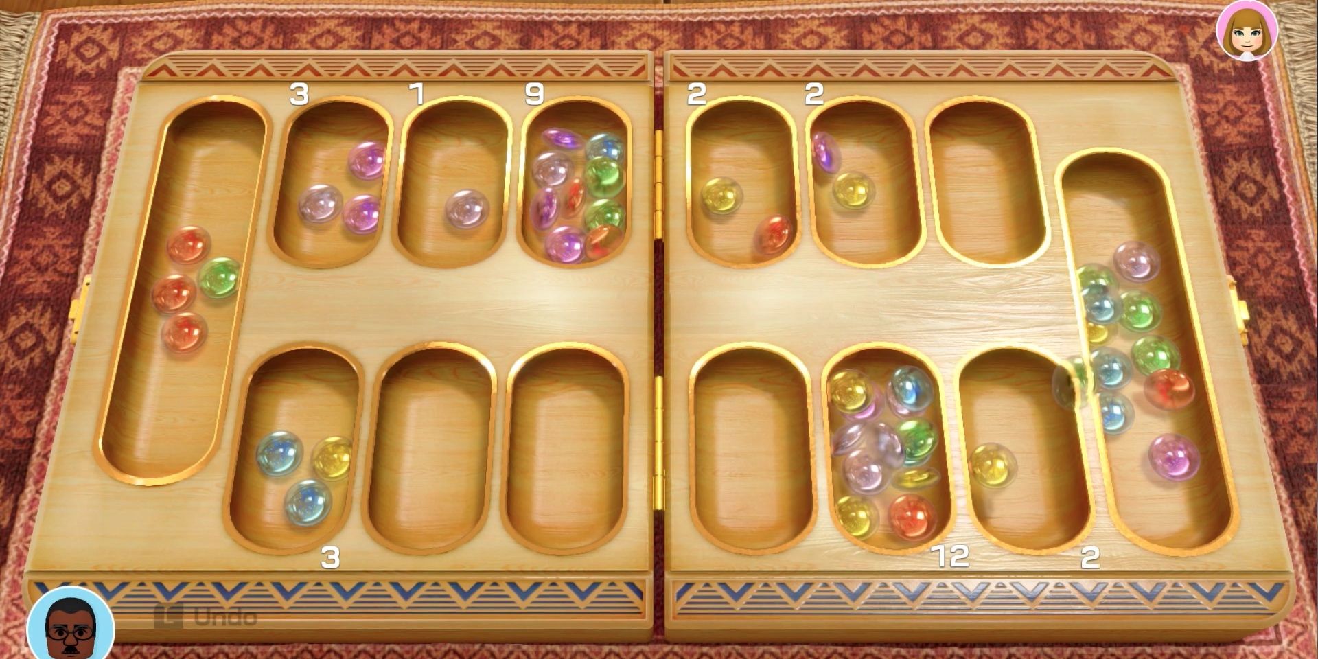 Screenshot of Clubhouse Games 51 Worldwide Classics, during a Mancala Match.