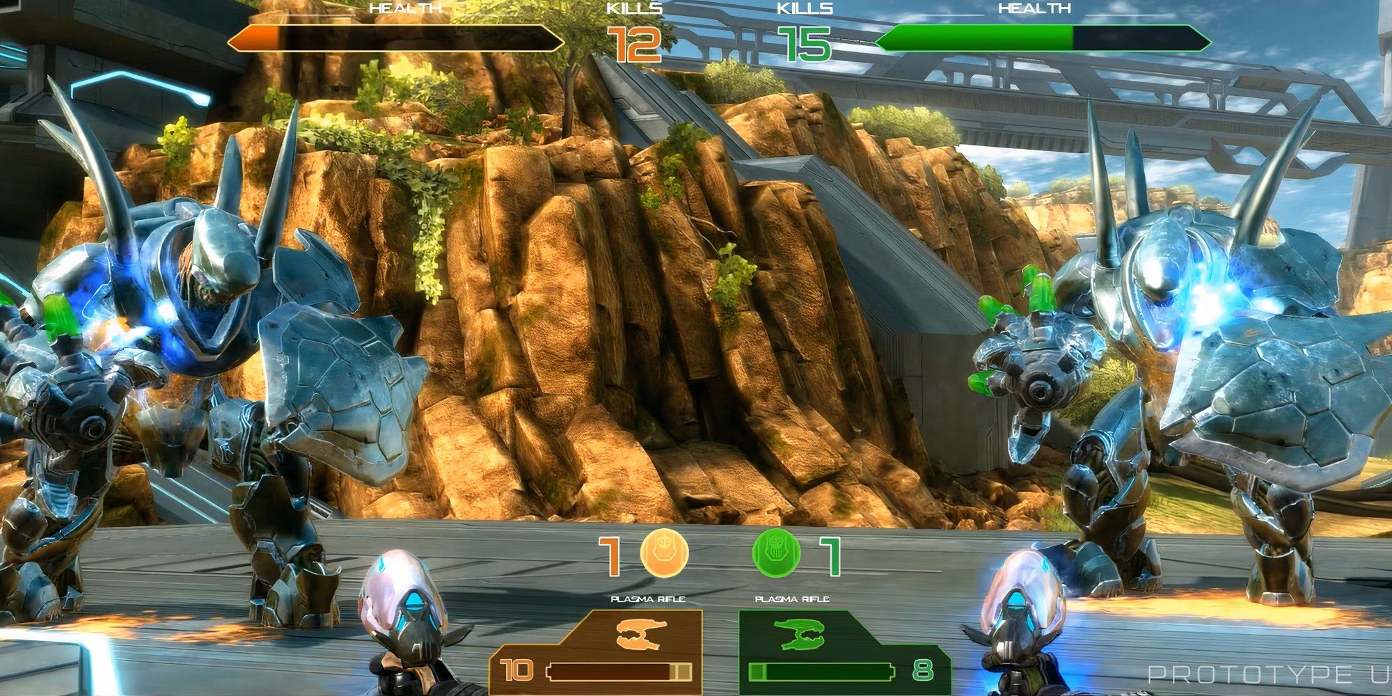 Two players aim and fire at Hunters with plasma rifles in the Halo Fireteam Raven arcade game