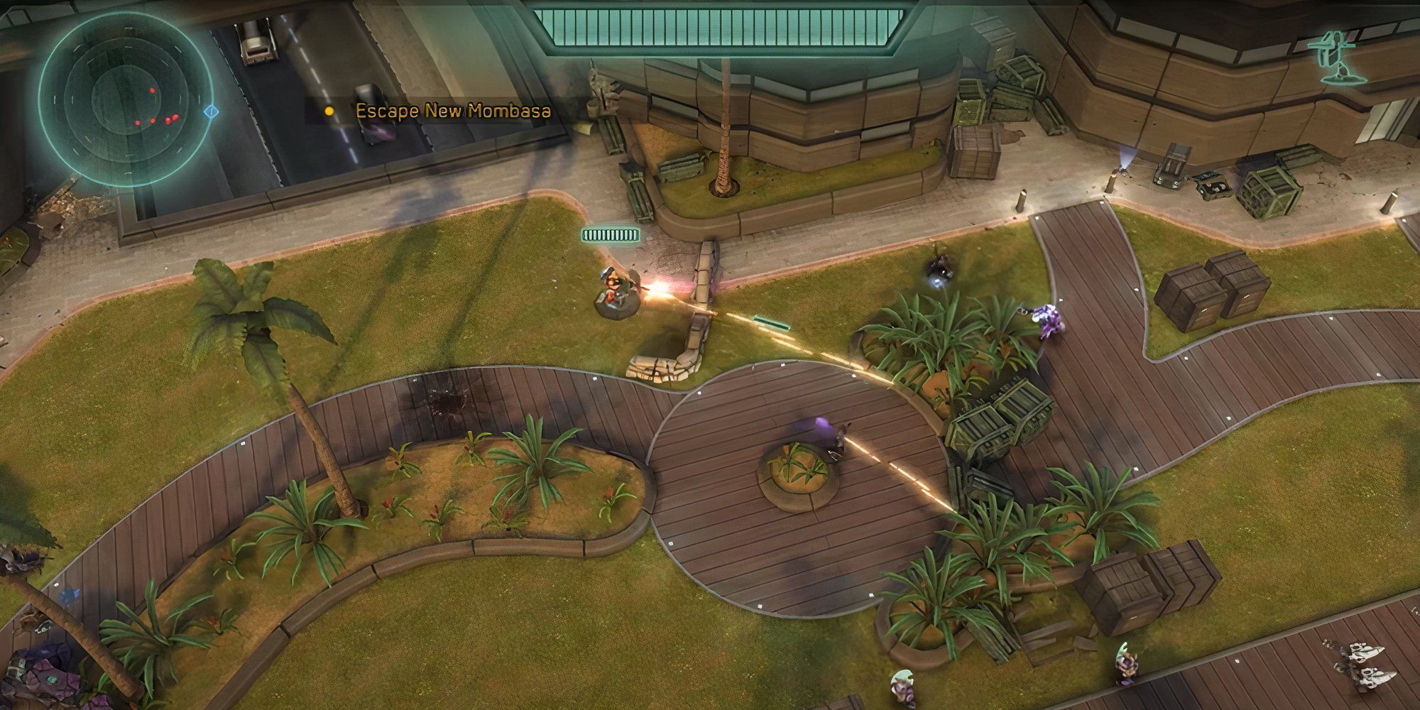 Firing at Covenant enemies from a machine gun turret in Halo Spartan Strike Mission A-6 Last Exit