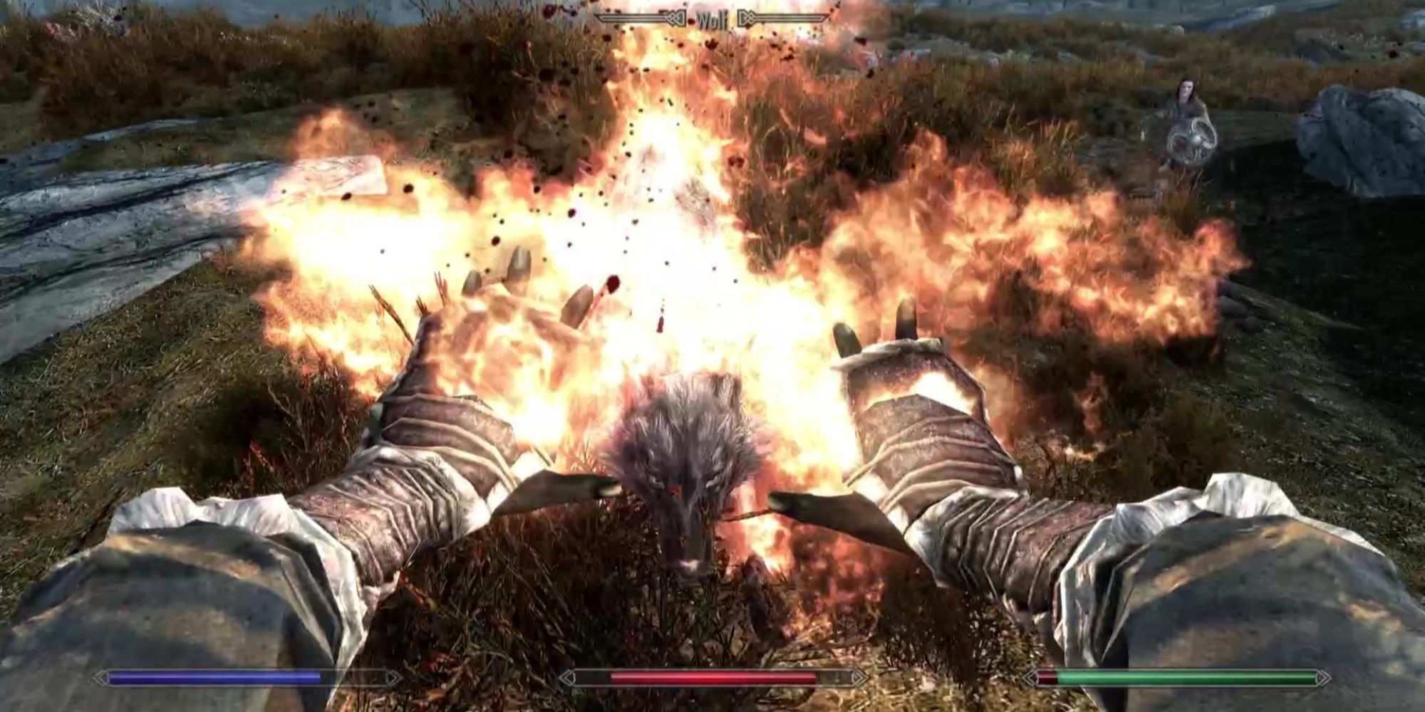 A flame spell ignites a wolf in Skyrim.