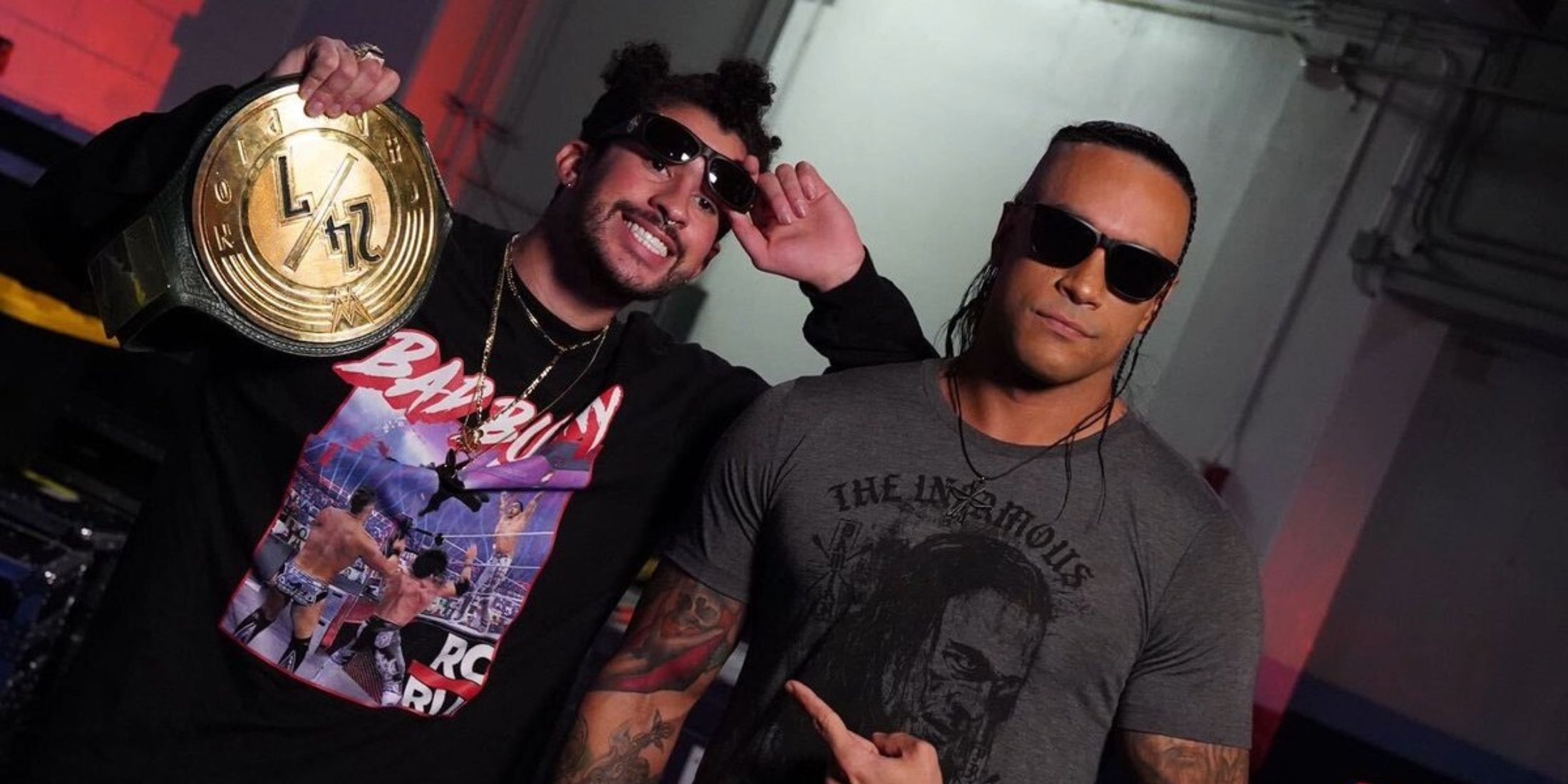Bad Bunny and Damian Priest in WWE 24/7 Champion