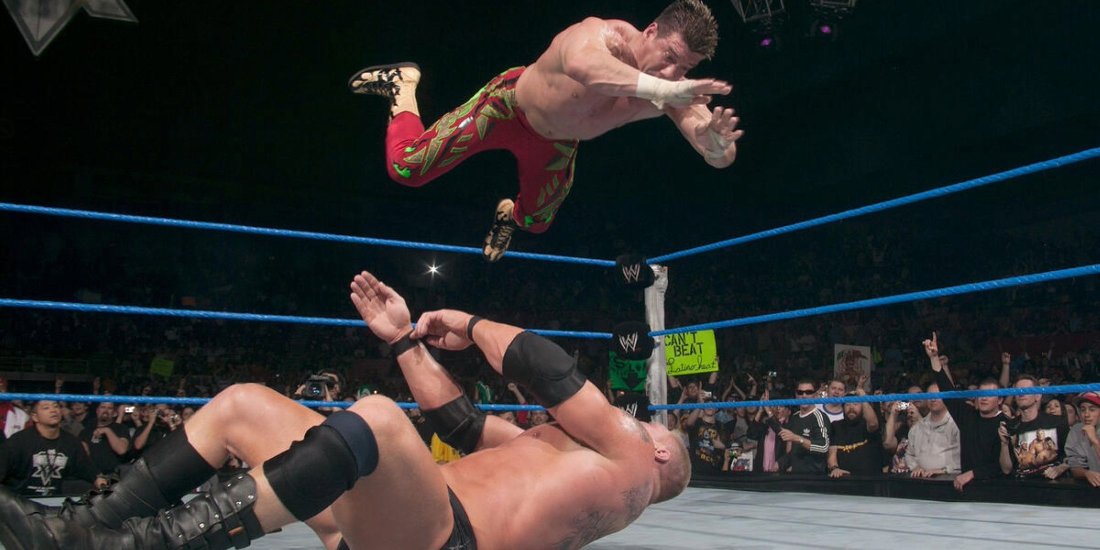 Eddie Guerrero frog splash on Brock Lesnar WWE