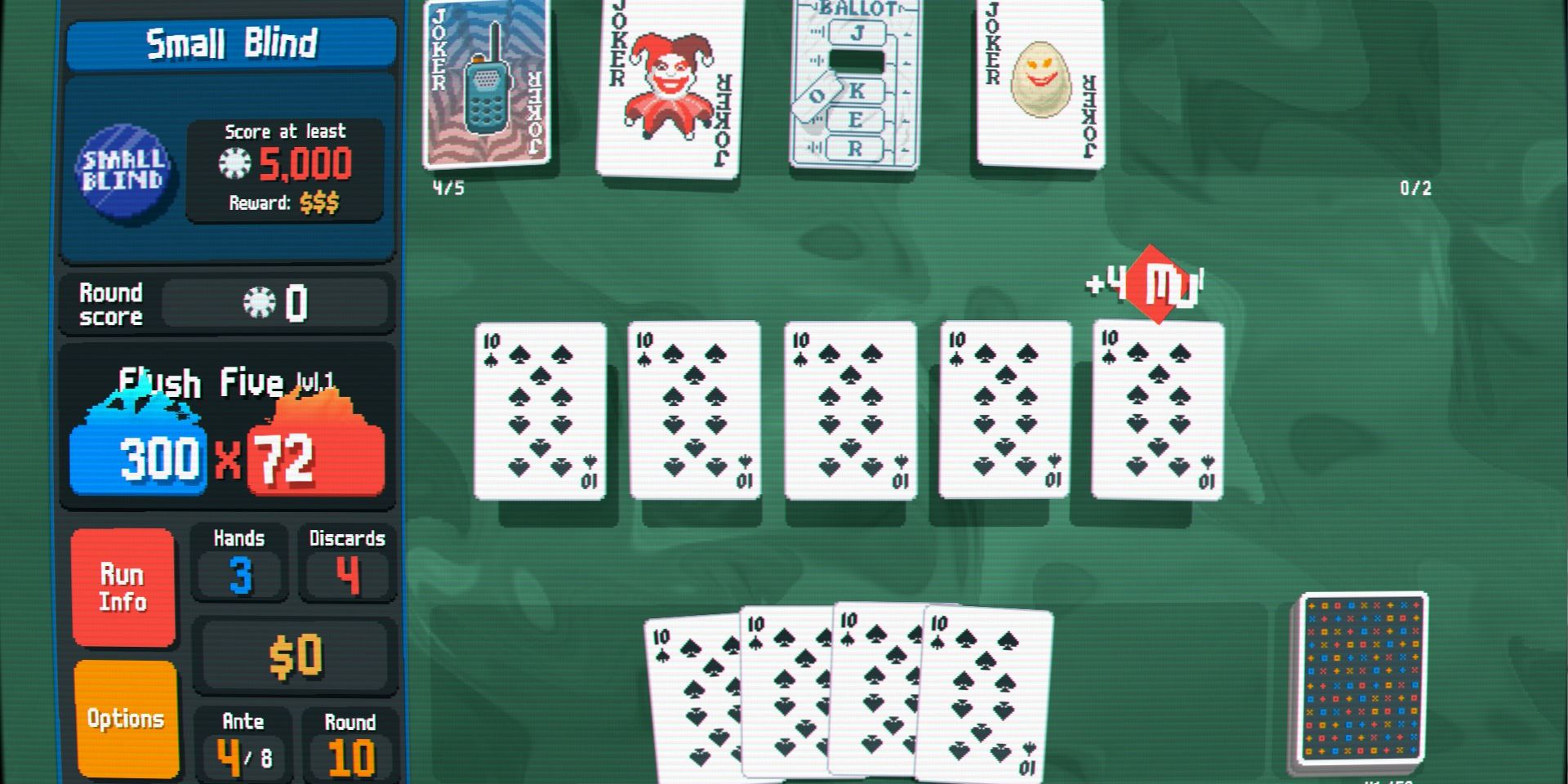Screenshot of Balatro, with multiple 10 of Spades making a Flush Five.