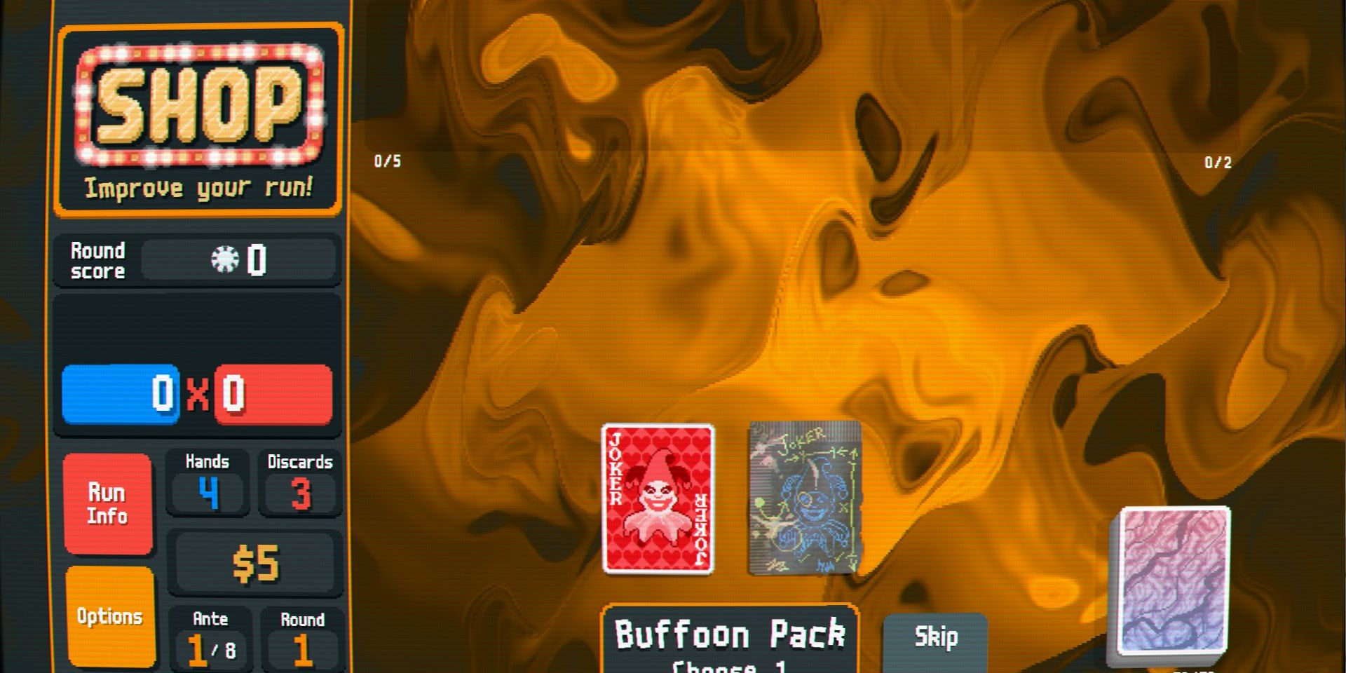 Screenshot of Balatro, with the Buffoon Pack containing a Negative Brainstorm.