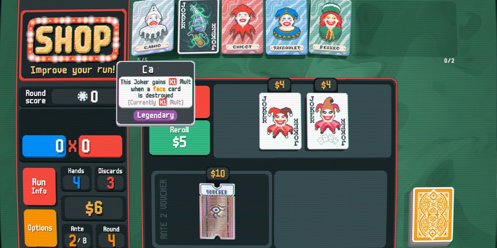 Screenshot of Balatro, with Four Legendaries taken from the ALEEB Seed.