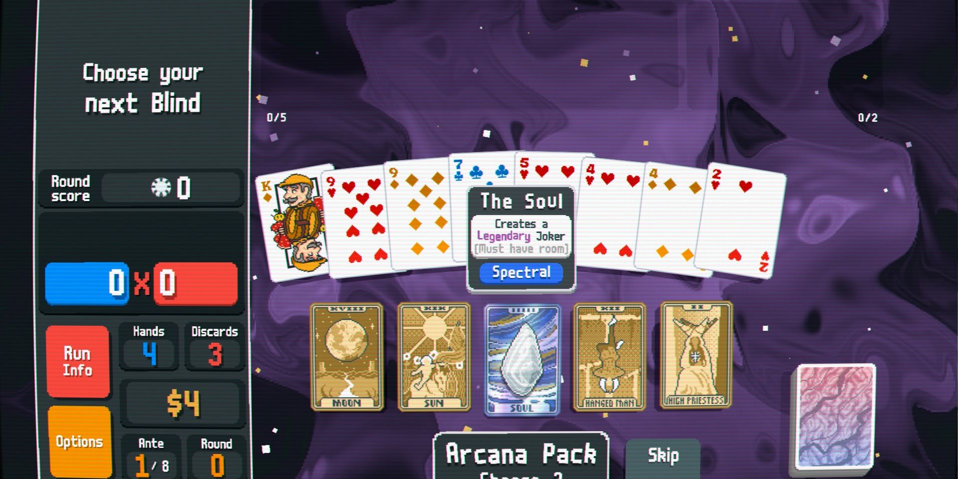 Screenshot of Balatro, with a Soul Card present on Round 1.