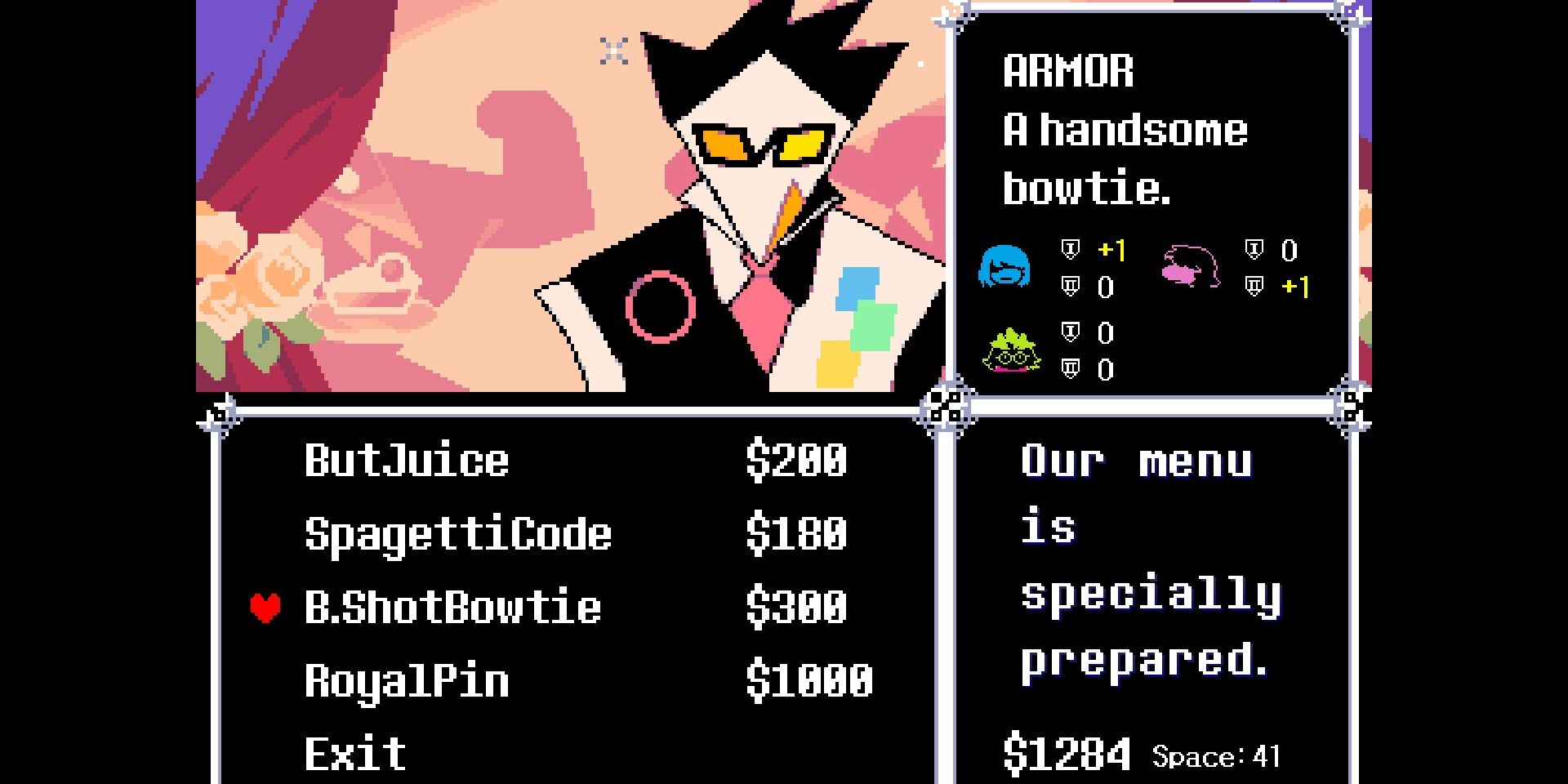 Screenshot of the Big Shot Bowtie and Royal Pin in Swatch's Shop in Deltarune