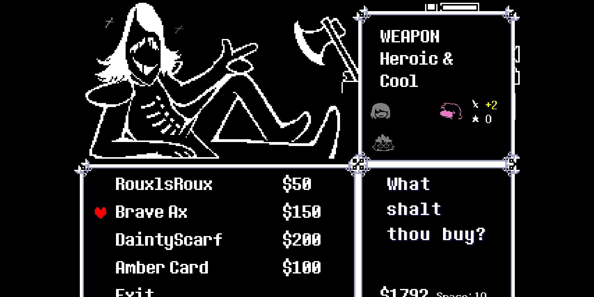 Screenshot of the Dainty Scarf and Brave Ax in Rouxls Kaard's Shop in Deltarune.