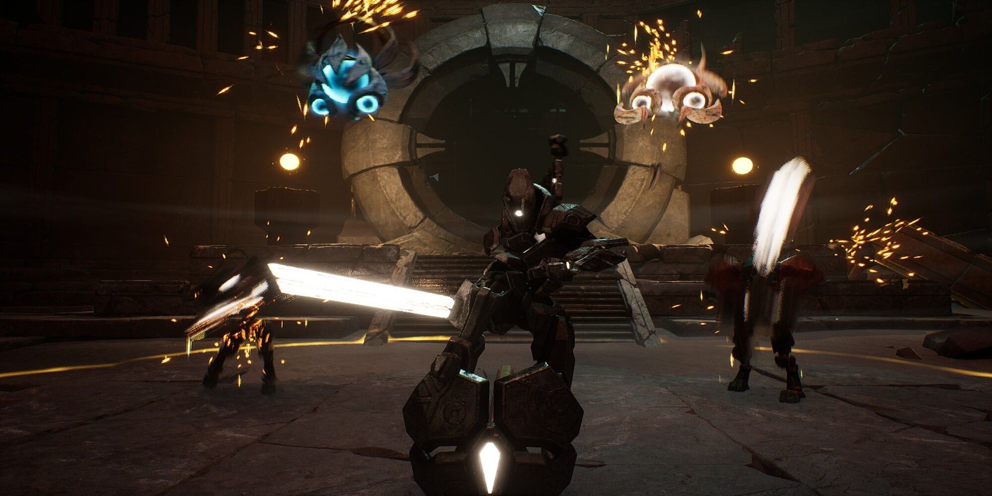 A squad of enemies warping in during an early boss fight