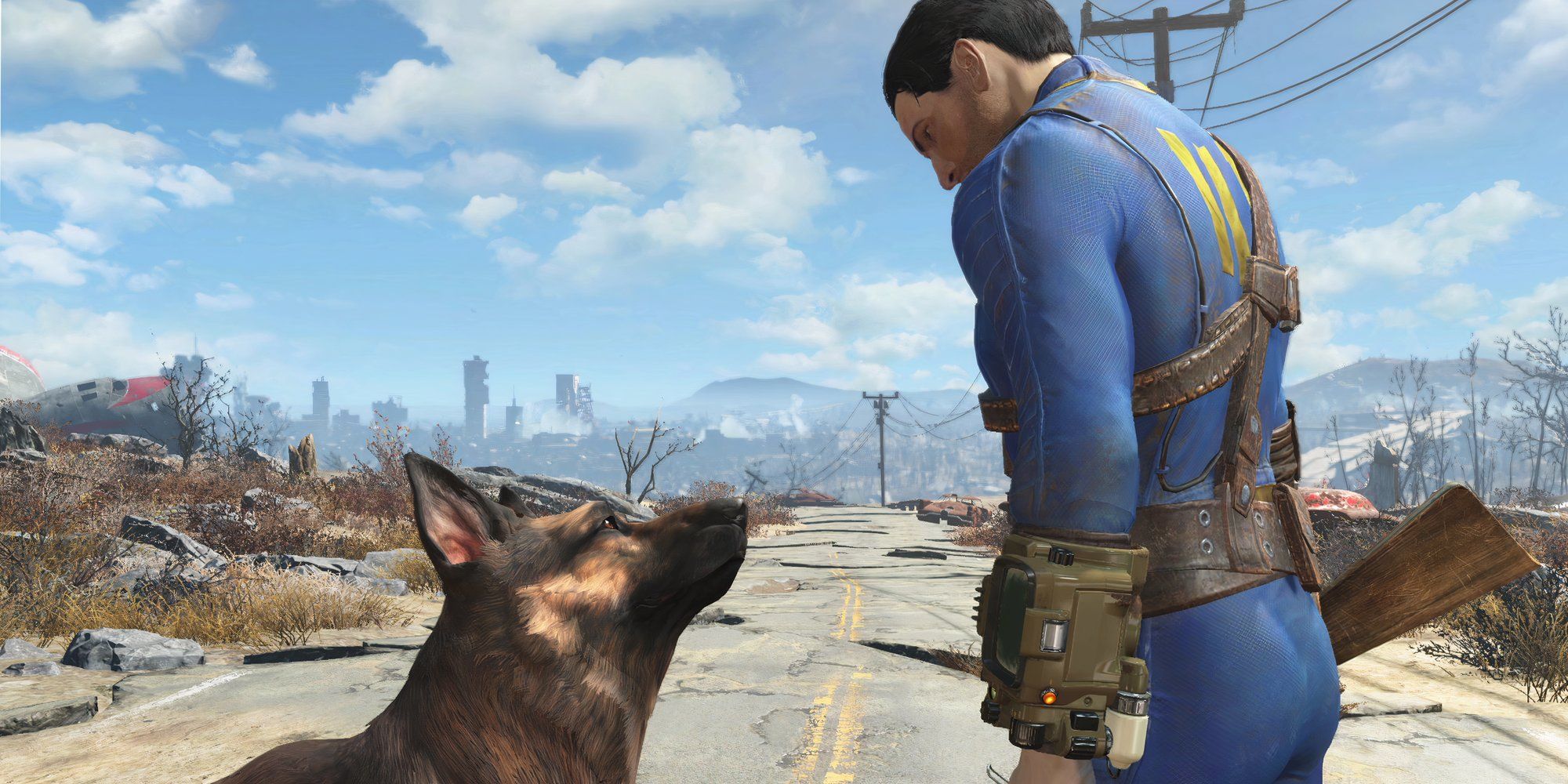 fallout 4 sole survivor interacting with dog meat outside 