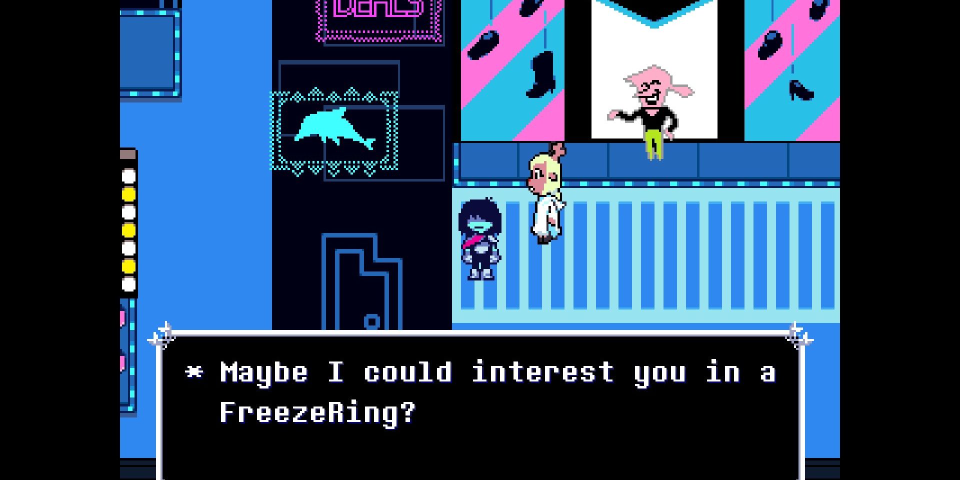 Screenshot of the Shopkeeper asking if Kris and Noelle are interested in the Freeze Ring in Deltarune.